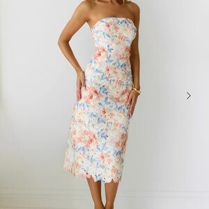 Hello Molly Strapless Floral Lace Midi Dress in Coral & Blue